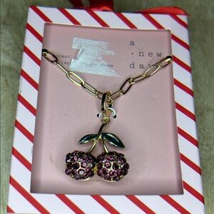 NIB 🍒 Cherry Locket Goldtone Paperclip Necklace